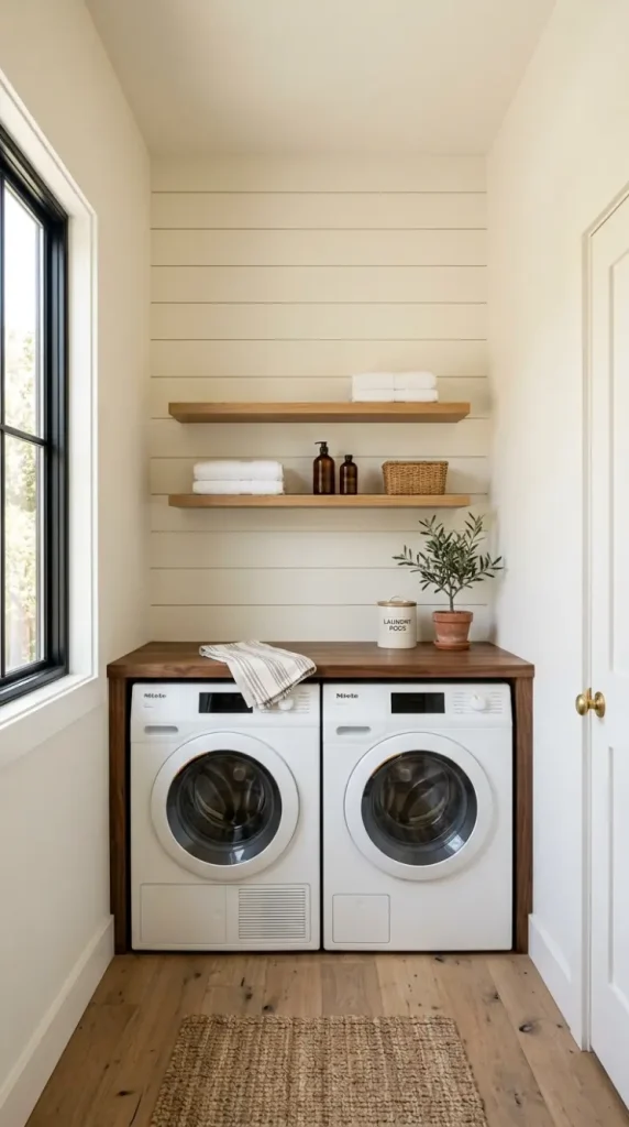 15 Laundry Room Designs Modern Farmhouse Shiplap and Warm Wood 1 1. The Full Shiplap Feature Wall
