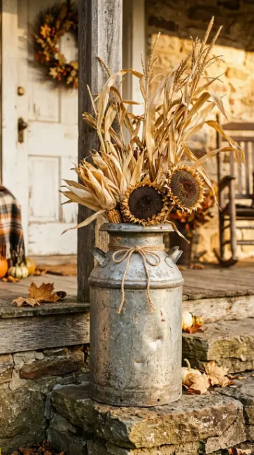 13 Rustic Fall Decorating Front Porch and Entryway Style 1 1. The Galvanized Antique Milk Can Arrangement