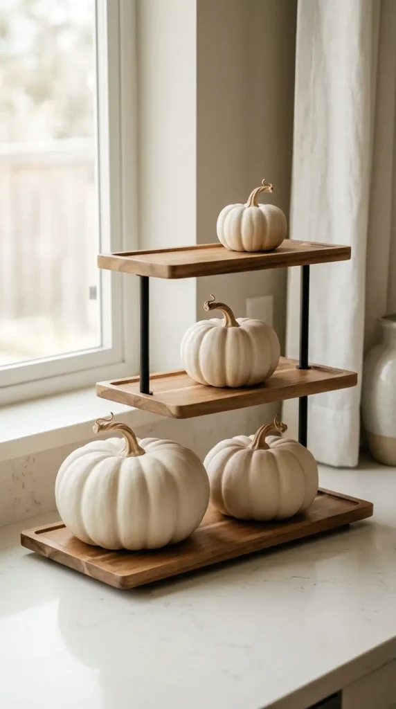 13 Neutral Fall Decor Ideas for Tiered Tray Vignette Style 1 1. The Graduated Ceramic Pumpkin Stack