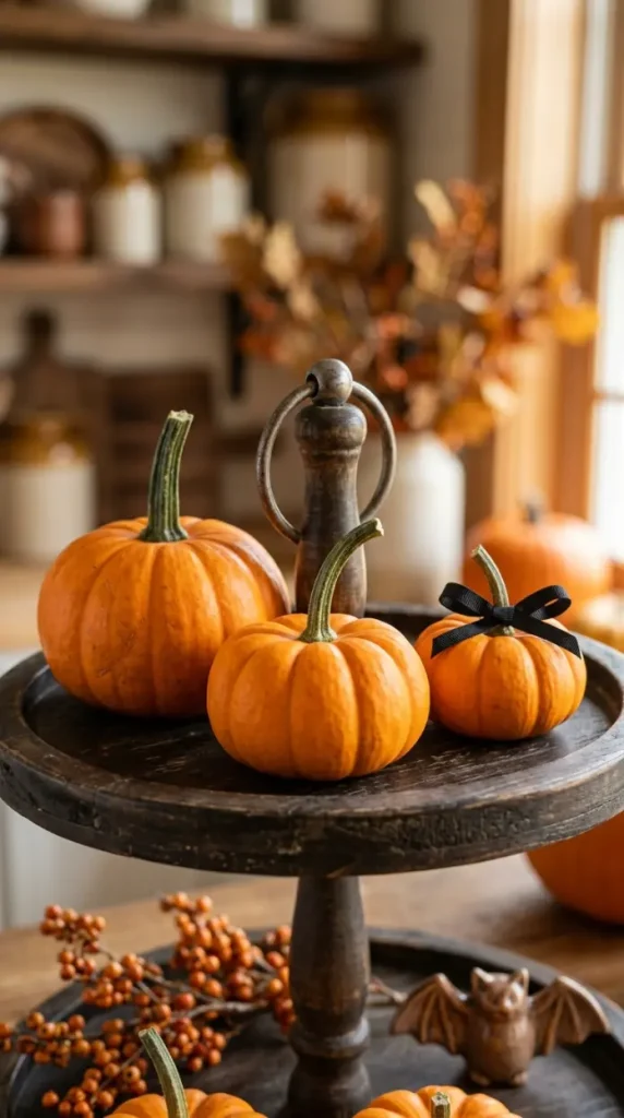 16 Cute Halloween Tiered Tray Black and Orange Classic Style 1 1. The Mini Pumpkin Trio Tier