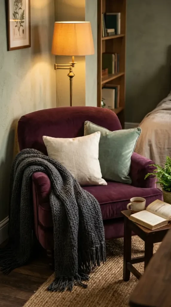 13 Cozy Halloween Decor Witchy Bedroom Corner Style 1 1. The Plum Velvet Chair with Layered Cushions