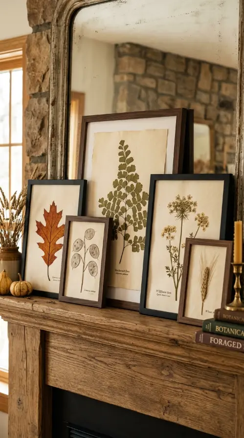 15 Fall Mantel Decor Ideas for a Botanical Nature Inspired Look 1 1. The Pressed Botanical Art Gallery