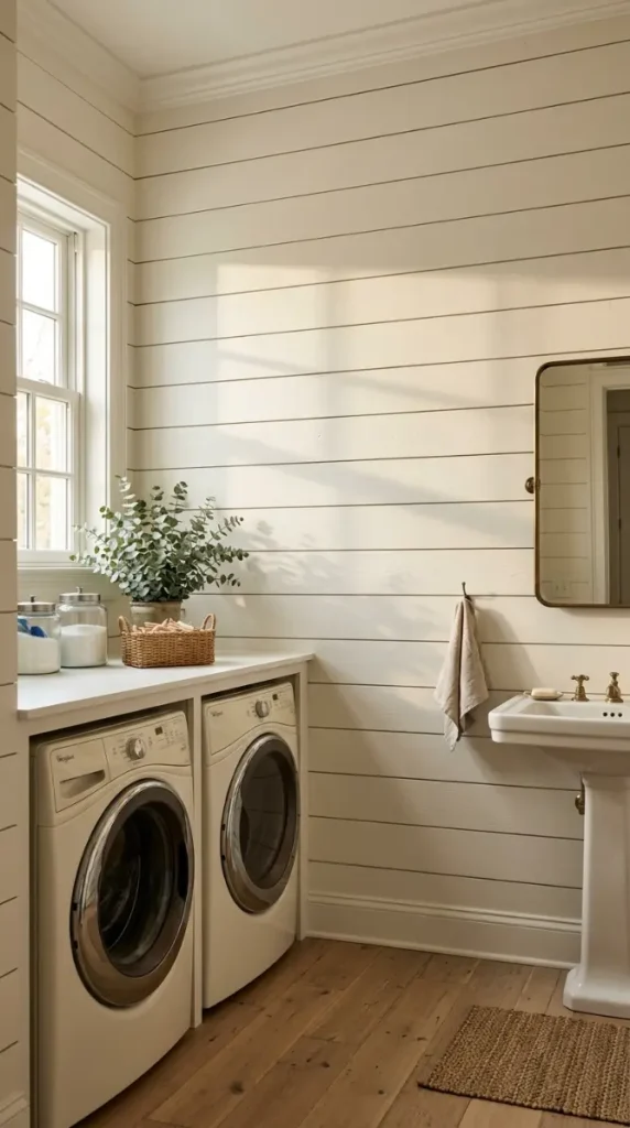 14 Laundry Room Bathroom Combo Warm Neutral Farmhouse Style 1 1. The Shiplap Feature Wall