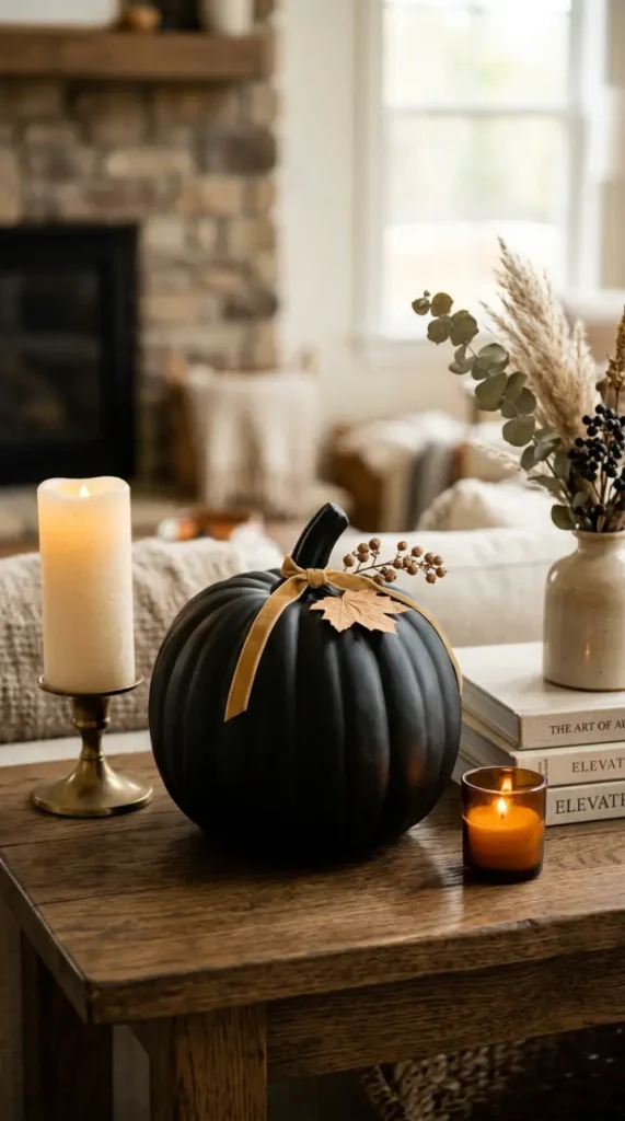 15 Dollar Tree Halloween Decor Window and Table Vignette Style 1 1. The Spray-Painted Matte Black Foam Pumpkin