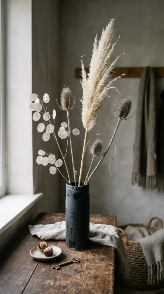 12 Neutral Fall Decor Ideas for an Entryway Console in Organic Style 1 1. The Wabi-Sabi Dried Stem Arrangement