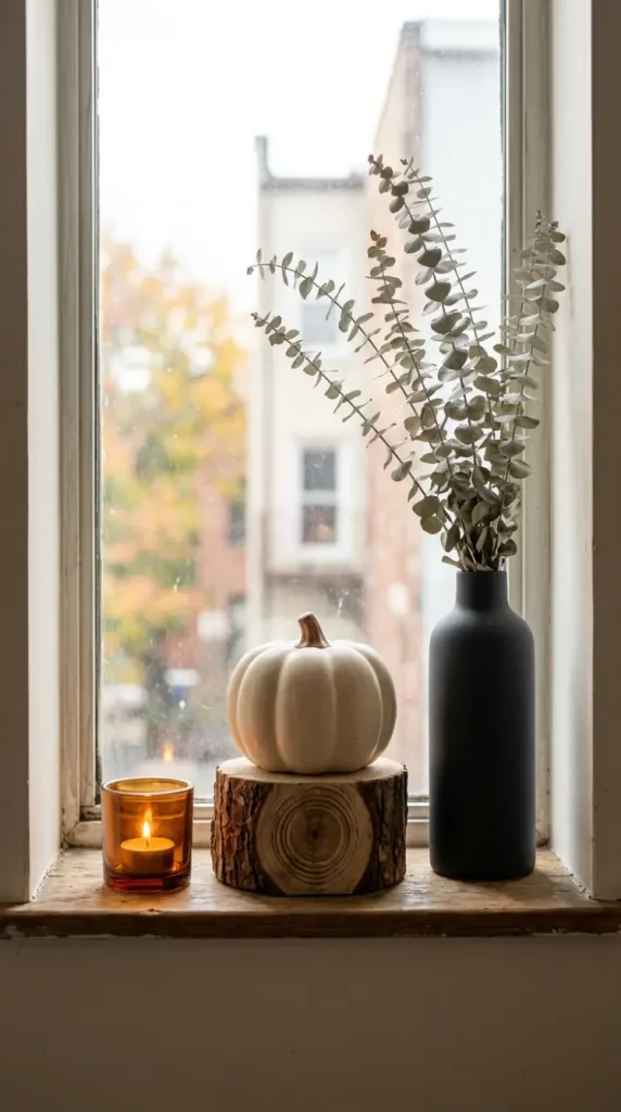 14 Small Space Fall Decorating Ideas for a Studio Apartment 1 1. The Windowsill Fall Vignette