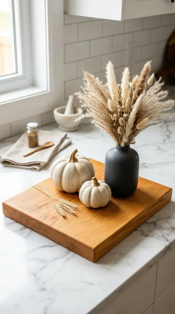 15 Chic Neutral Halloween Decor Kitchen Counter Style 1 1. The Wooden Cutting Board Riser