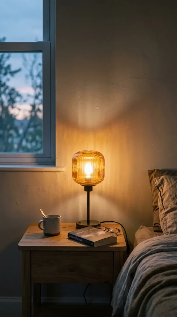 13 Golden Hour Bedroom Aesthetic Evening Ritual Corner Ideas 1 1. Warm Amber Table Lamp Glow at Dusk