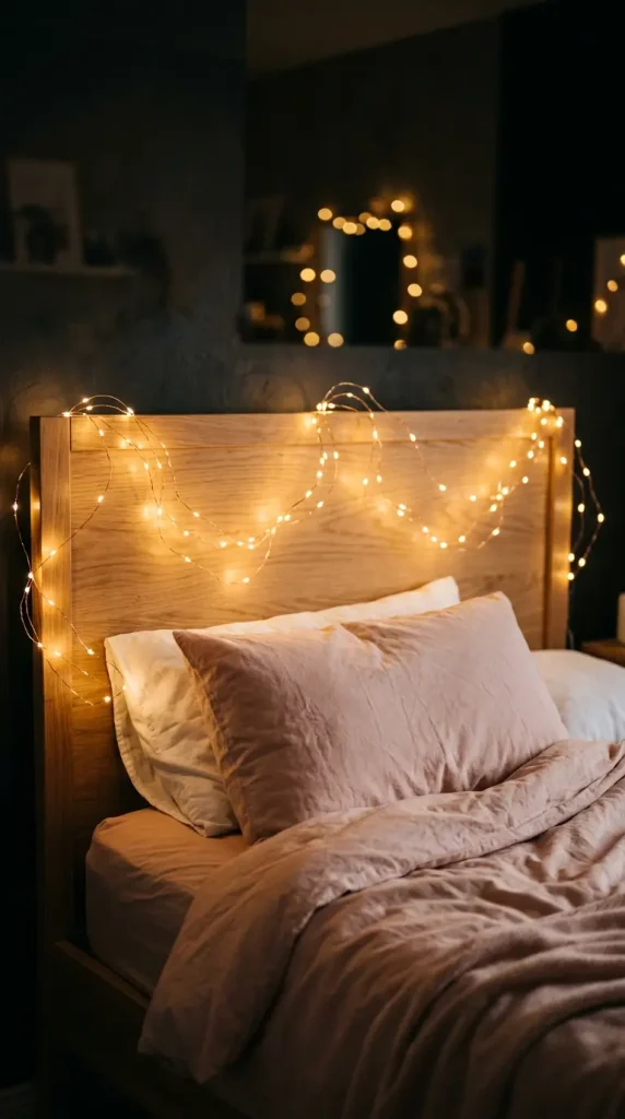 15 Romanticizing My Room Small Space Fairy Light Canopy Ideas 1 1. Warm White Fairy Lights Draped Over the Headboard