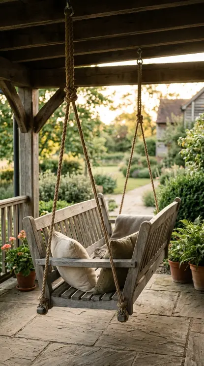 16 Summer Cottagecore Porch Swing Sitting Area Ideas 1 1. Weathered Wood Porch Swing on Rope