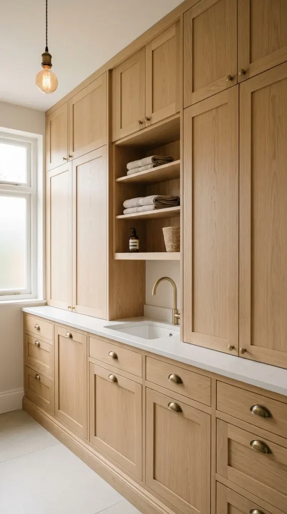 15 Elegant Laundry Room Ideas Warm White Oak Scandinavian Style 1 1. White Oak Shaker Cabinetry From Floor to Ceiling