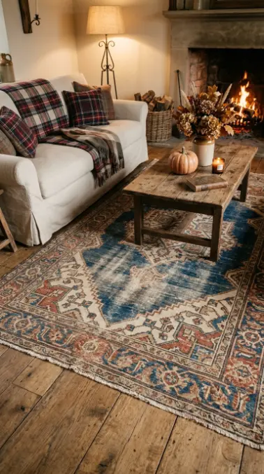 12 Rustic Fall Decorating Ideas Farmhouse Living Room 10 10. A Faded Vintage Rug Beneath the Sofa
