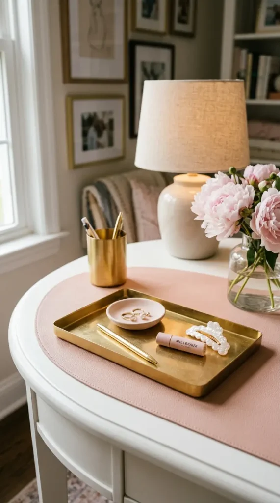 12 Home Office Ideas for Women Blush Gallery Wall Curved 10 10. A Gold Desk Tray for Pretty Organization
