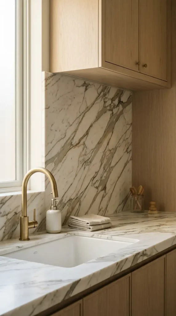 18 Laundry Room Designs Quiet Luxury Marble and Warm Wood Look 10 10. A Marble Backsplash Behind the Sink