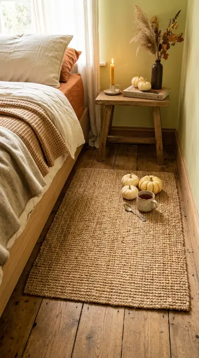 15 Small Space Fall Decorating Ideas Bedroom Corner Style 10 10. A Natural Jute or Wool Rug Beside the Bed