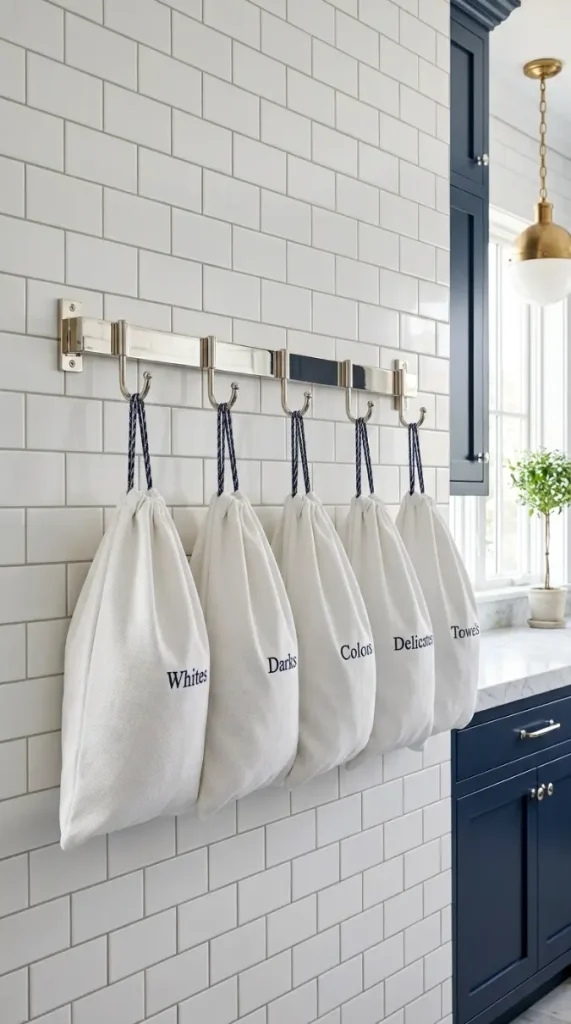 12 Luxury Laundry Room Ideas Navy White Nautical Refined 10 10. A Polished Nickel Hook Rail With White Canvas Bags