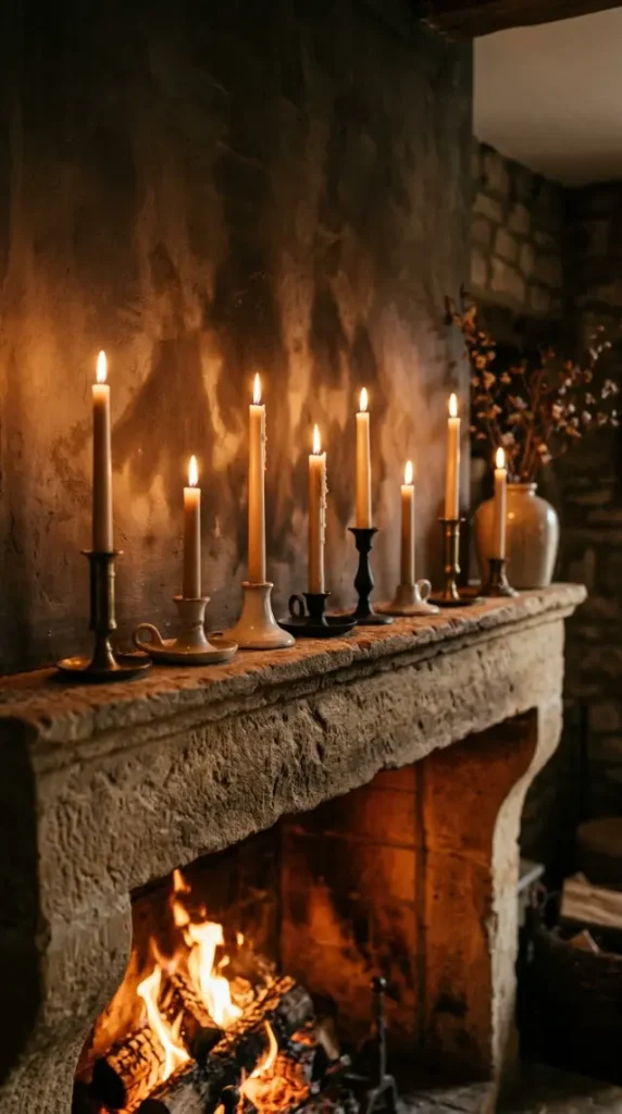 11 Cozy Reading Corners Fireplace Green Sofa Cinematic 10 10. A Row of Candles Flickering on the Mantel