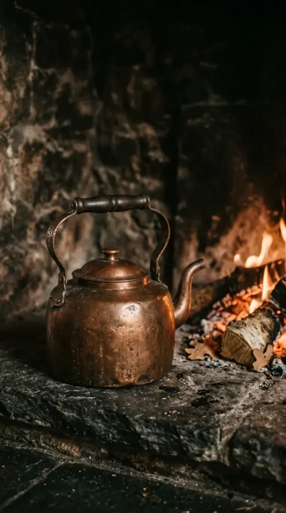 16 Moody Fall Fireplace Ideas for a Cozy Sanctuary 10 10. A Small Copper Kettle Warming Quietly on the Hearths Edge
