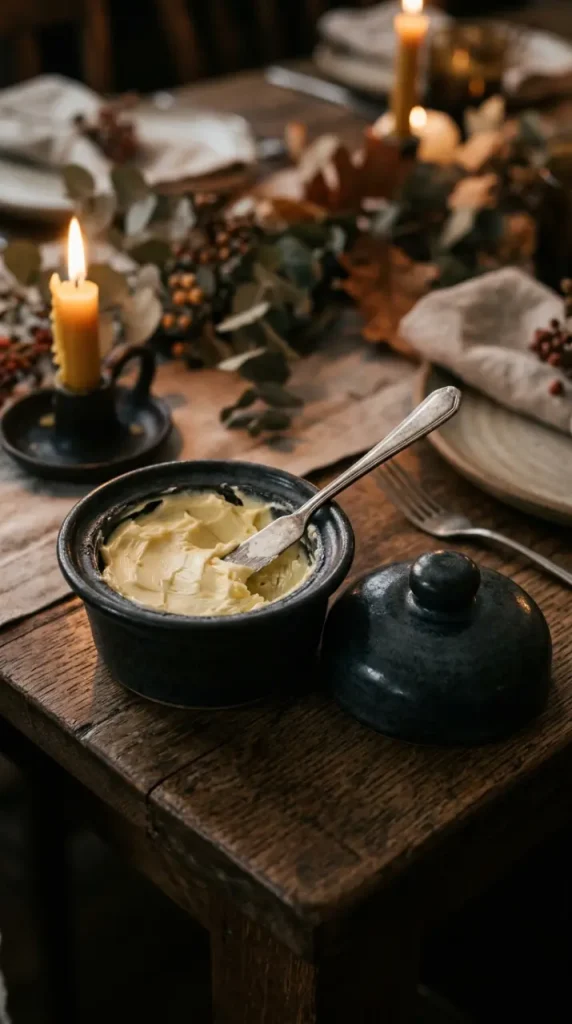 16 Small Moody Thanksgiving Table for Intimate Nights 10 10. A Small Dark Ceramic Butter Dish Left Open at the Tables Edge