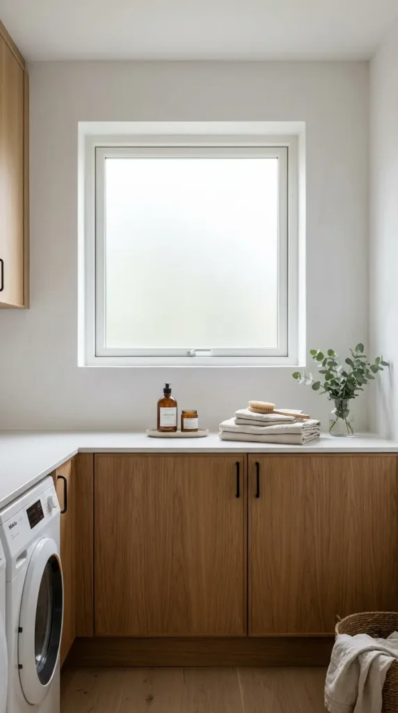 15 Elegant Laundry Room Ideas Warm White Oak Scandinavian Style 10 10. A Small Frosted Glass Window for Soft Natural Light