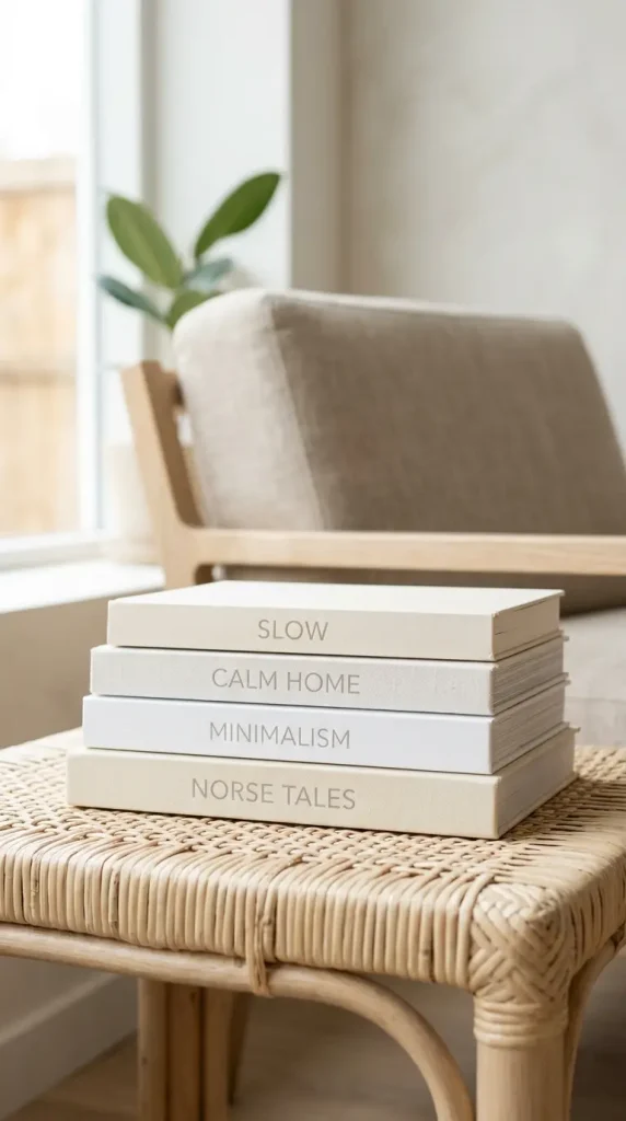 18 Small Reading Nook Cozy Corner Nordic Airy Minimal 10 10. A Small Stack of White Spined Books