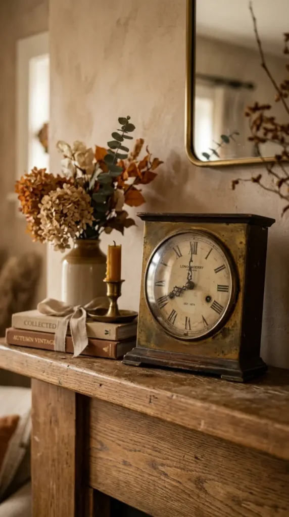 18 Collected Fall Mantel Styling Ideas That Feel Easy 10 10. A Small Vintage Clock Left Slightly Tilted