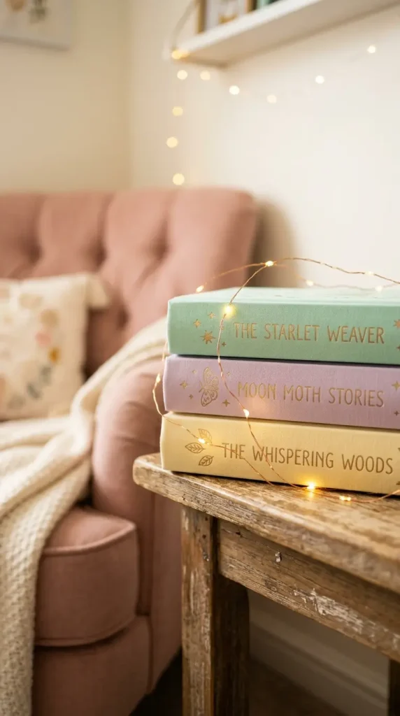 16 Cozy Reading Corners Whimsical Blush Fairy Lights 10 10. A Stack of Pastel Colored Storybooks