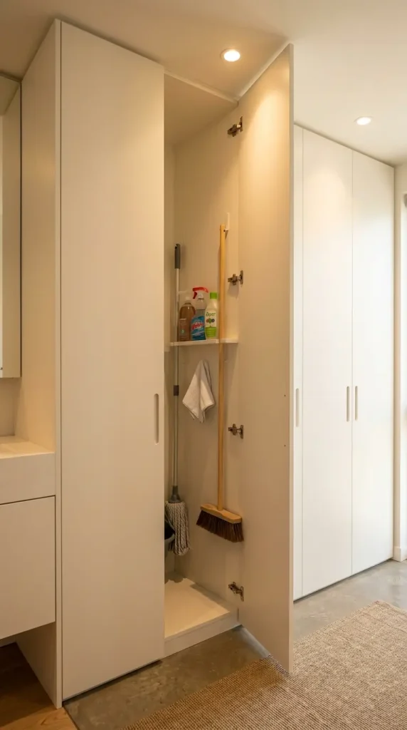 16 Laundry Room Bathroom Combo Maximized Built-In Minimal 10 10. A Tall Broom and Cleaning Cupboard Within the Millwork