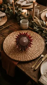 17 Boho Eclectic Centerpiece for Thanksgiving 10 10. A Woven Seagrass Charger Topped With a Single Dried Protea