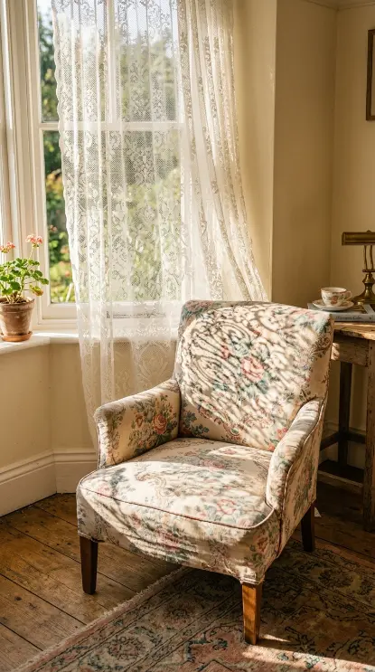 19 Reading Chair in Bedroom Vintage Floral Slipper Corner 10 10. Afternoon Light Through a Lace Curtain Panel
