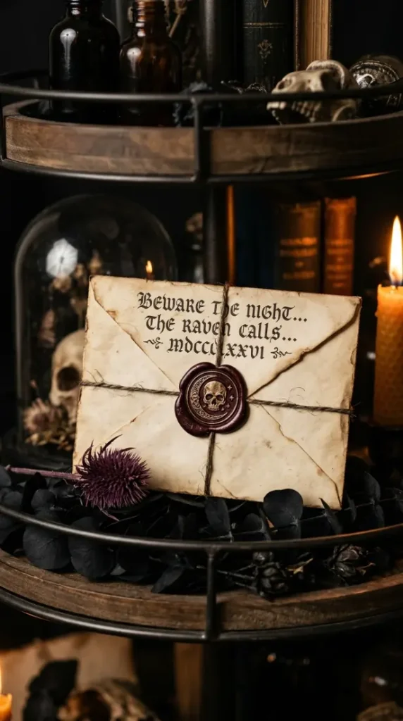 15 Halloween Tiered Tray Ideas Elegant Dark Moody Style 10 10. An Aged Manuscript or Wax-Sealed Dark Envelope