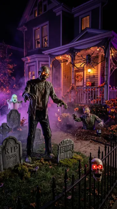 12 Outdoor Halloween Display Haunted House Front Yard 10 10. Animatronic and Motion-Activated Figures Throughout