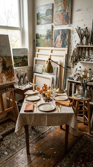 13 Romantic Thanksgiving Table for Two Date Night Idea 10 10. Art Studio Table Among Canvases and Paint Jars