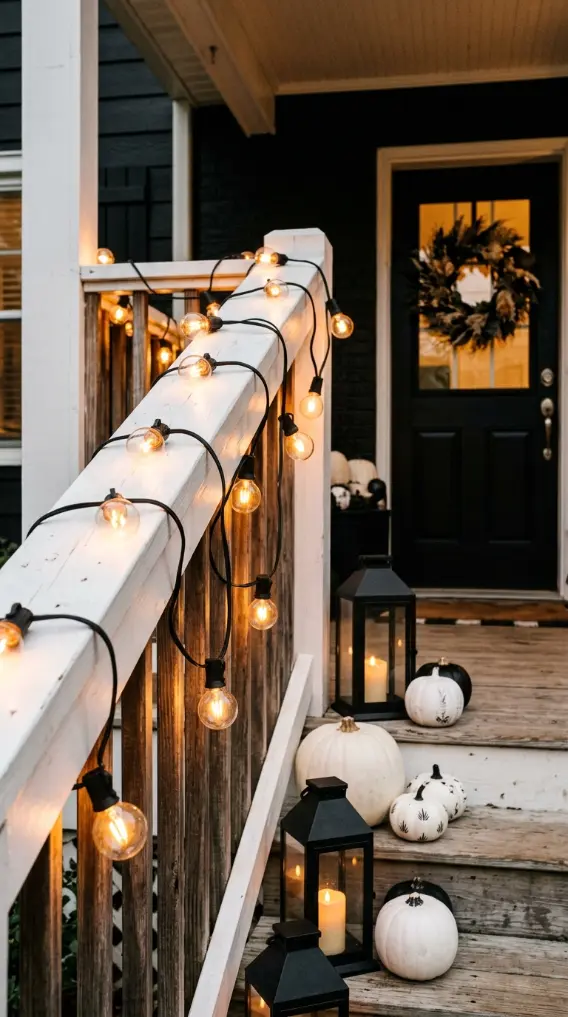 13 Easy Halloween Entryway Decor Black White Classic Style 10 10. Black Lantern String Lights Along the Porch Railing