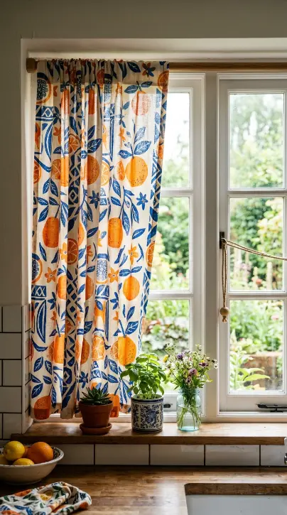18 Dopamine Kitchen Ideas for a Bold Colorful Space 10 10. Bold Patterned Curtains at the Kitchen Window