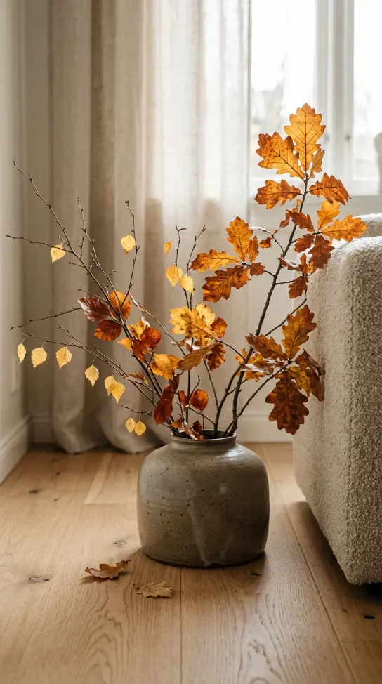 15 Fall Home Decor Ideas Scandinavian Minimal Warm Style 10 10. Bring In Foraged Autumn Branches in a Simple Stoneware Vessel