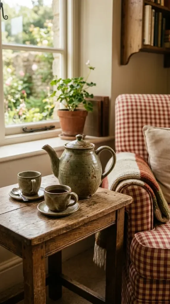 20 Summer Cottagecore Sunroom Gingham Sitting Corner 10 10. Ceramic Teapot and Cups on the Side Table