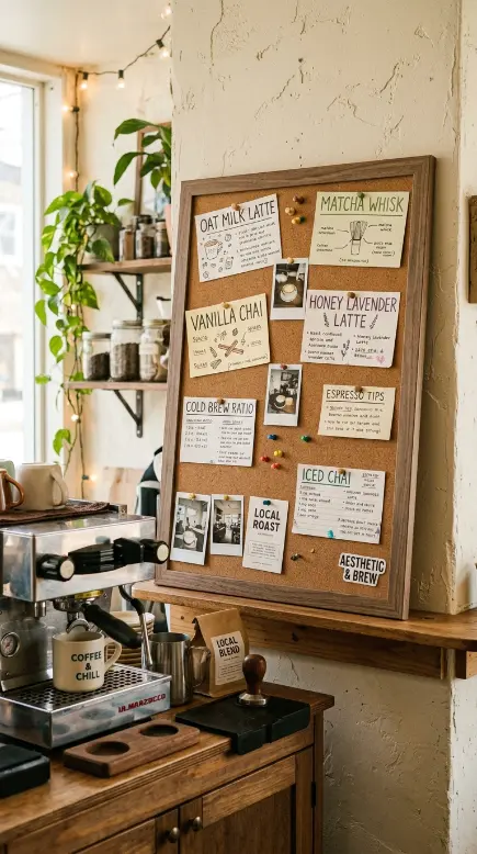 17 Small Space Eclectic Coffee Corner Ideas for Renters 10 10. Corkboard Panel Leaned Against the Wall for Recipe Cards