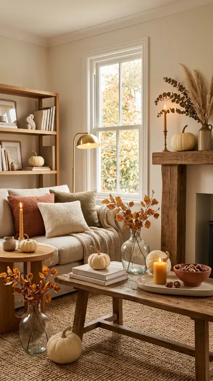 14 Fall Home Decor Ideas Warm Neutral Living Room Style 10 10. Cream Pumpkins at Every Scale Throughout the Room