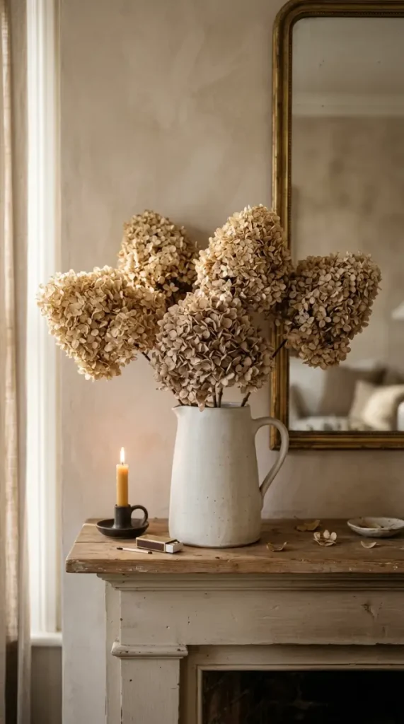 14 Fall Mantel Decor Ideas for a Quiet Luxury Neutral Look 10 10. Dried Hydrangea in a Muted Stoneware Pitcher