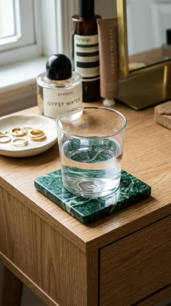 17 Jewel Tone Vanity Styling Ideas With Rich Color 10 10. Emerald Green Marble Coaster for a Water Glass