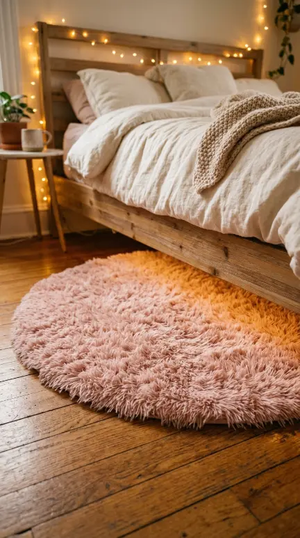 15 Romanticizing My Room Small Space Fairy Light Canopy Ideas 10 10. Fuzzy Rug Beneath the Bed's Edge