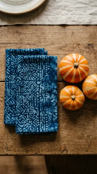 13 Blue and Orange Thanksgiving Table Ideas to Save 10 10. Global Bohemian Indigo Batik and Hand Painted Gourds
