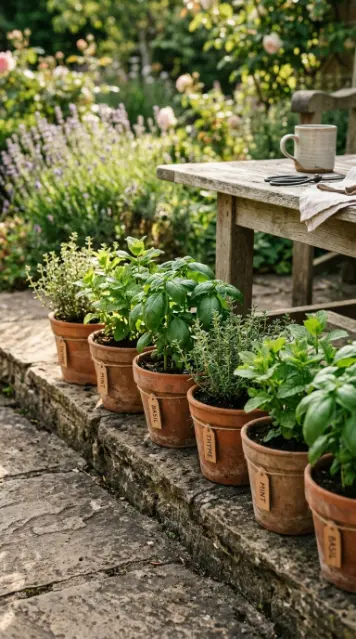 14 Summer Cottagecore Garden Patio Wildflower Sitting 10 10. Herb Pots Along the Patio Edge