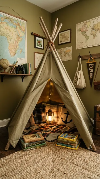 15 Boys Room Decor Explorer Adventure Vintage Map 10 10. Khaki Canvas Teepee Reading Corner
