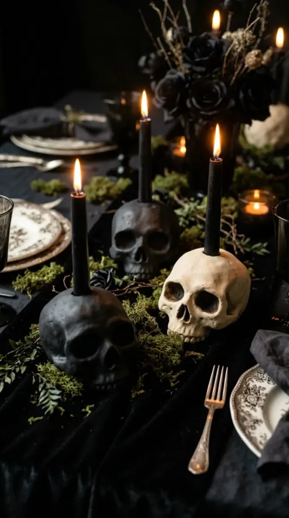 15 DIY Halloween Centerpieces Gothic Candelabra Dinner Table Look 10 10. Make Skull Candle Holders From Air-Dry Clay