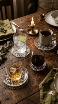 15 Vintage Glassware Ideas for an Eclectic Table 10 10. Mismatched Cut-Glass Coasters Beneath Every Drink