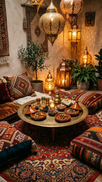 12 Romantic Thanksgiving Feast Styling Ideas to Save 10 10. Moroccan Inspired Low Table With Brass Trays and Lanterns