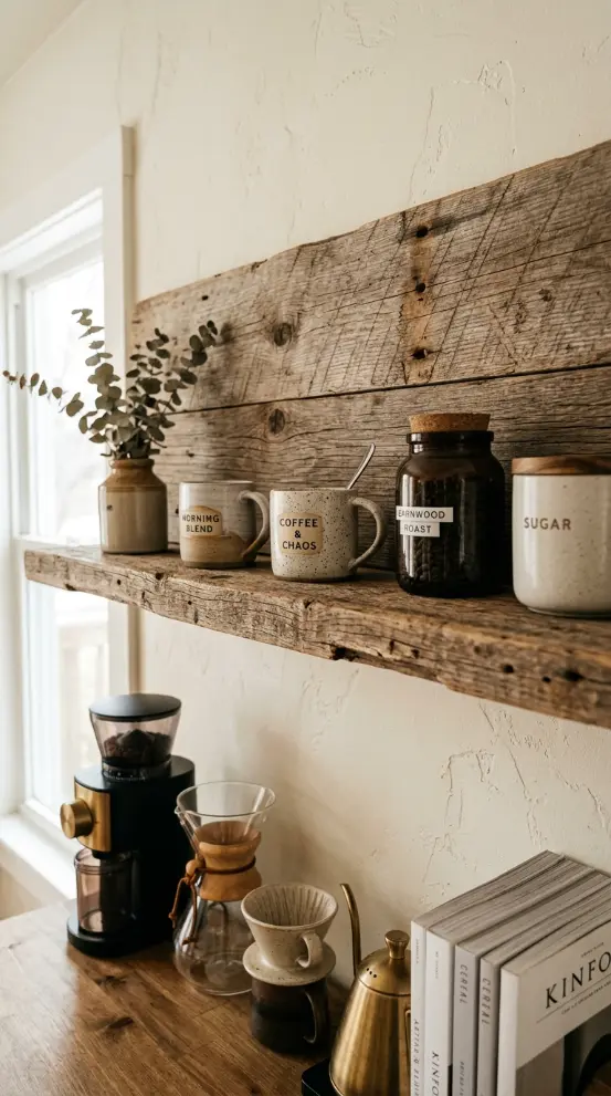 19 Eclectic Coffee Station Ideas With Vintage Charm 10 10. Reclaimed Wood Shelf Above the Station