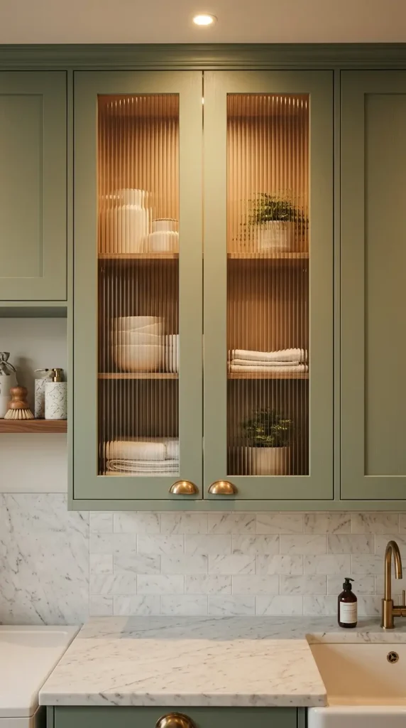 20 Luxury Laundry Room Ideas Sage Green Walnut Warm Style 10 10. Sage Green Laundry With Integrated Sink and Fluted Glass Cabinet Doors